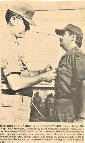 16th District DA Paul Summers Recieves Army Achievment Award from Brig Gen Patrick Harrison at Camp Shelby Mis.
