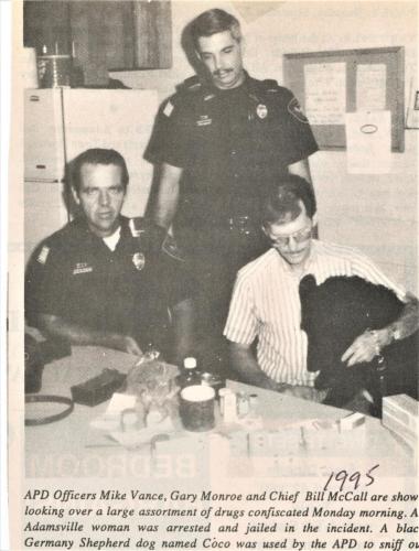 APD Officers Mike Vance Gary Monroe Chief McCall and Drug Dog Coco with Confiscated Drugs 1995