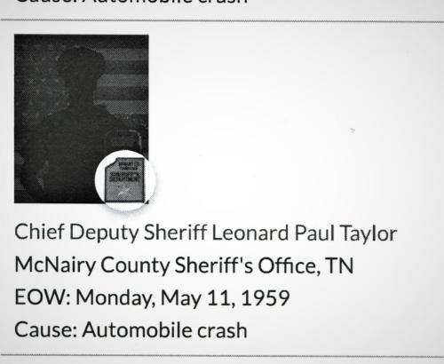 Chief Deputy Sheriff Leonard Paul Taylor Fifth Line of Duty Death McNairy Sheriff Dept May 1959