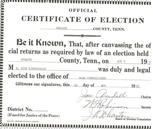 Kirkpatrick Road Commisioner 1958