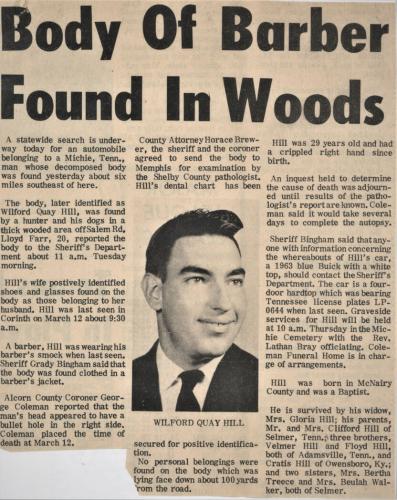 Michie Barber Body Found in Woods Car Missing 1969